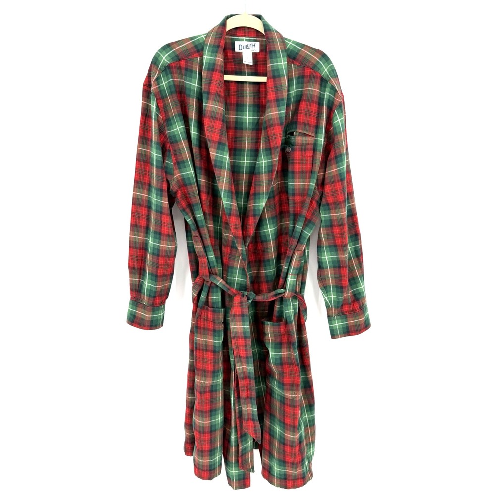 Duluth Trading Co Men's Red And Green Flannel Plaid Robe Size L Cabincore X-Mas